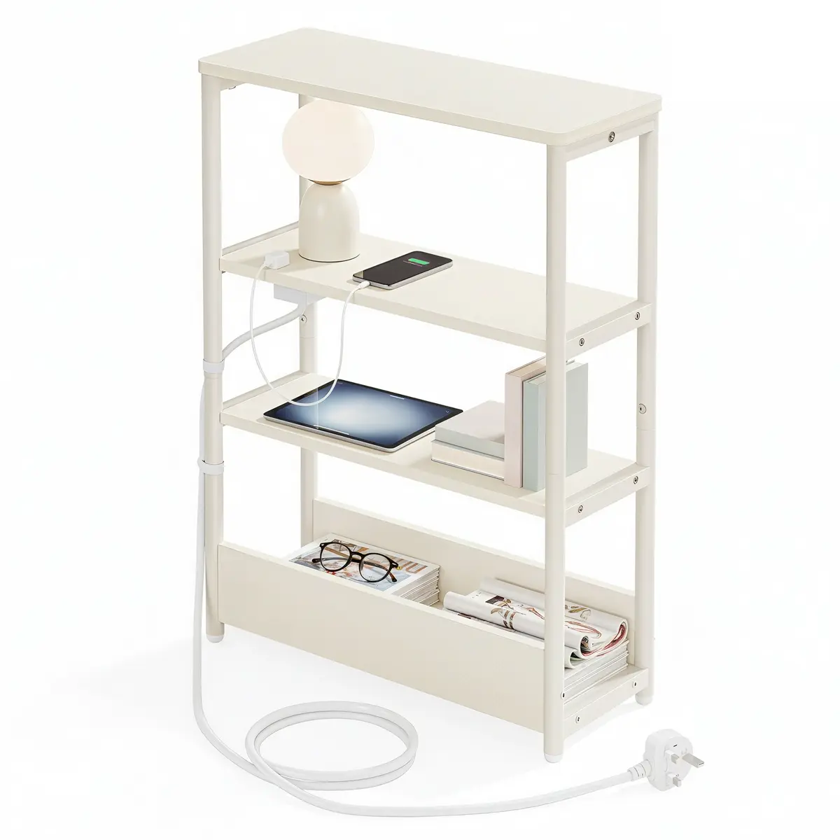 Slim End Table with Power Strip, 3-Tier Narrow Nightstand, for Living Room