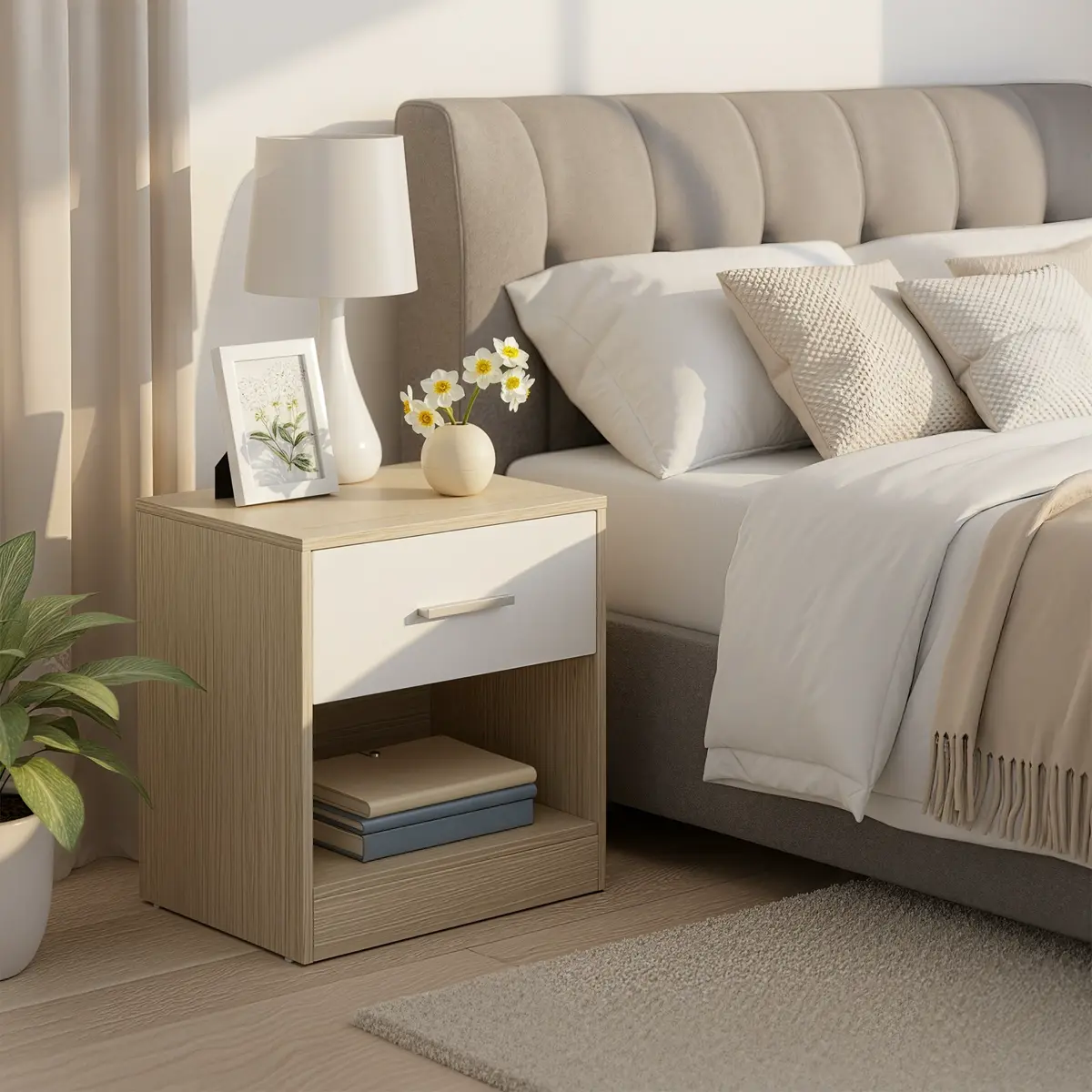 Bedside Table, Side Table with Drawer, Handle