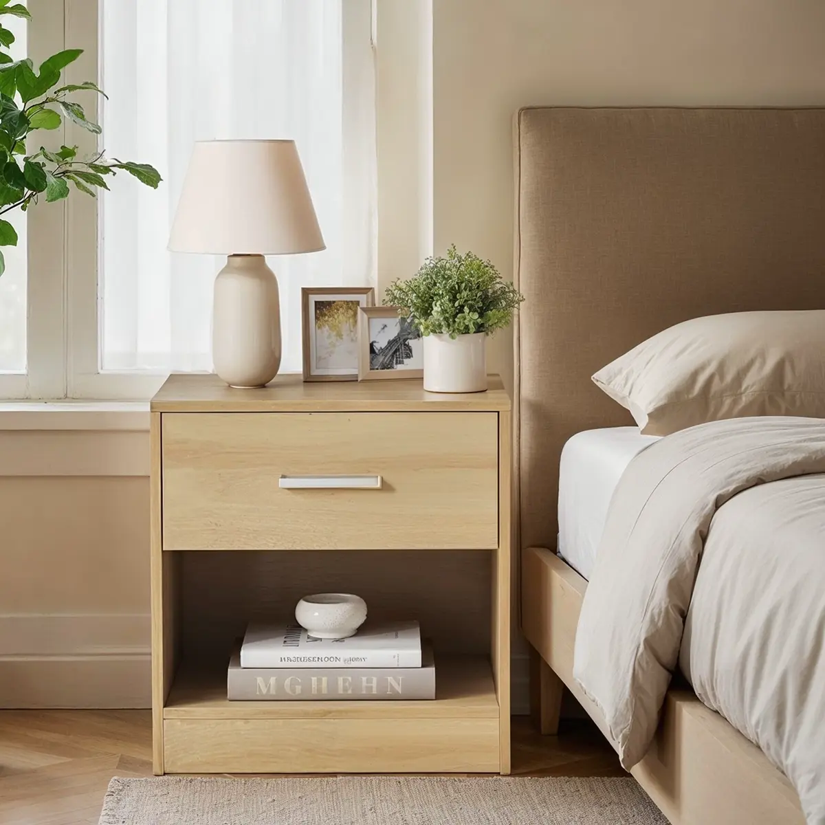 Bedside Table, Side Table with Drawer, Handle