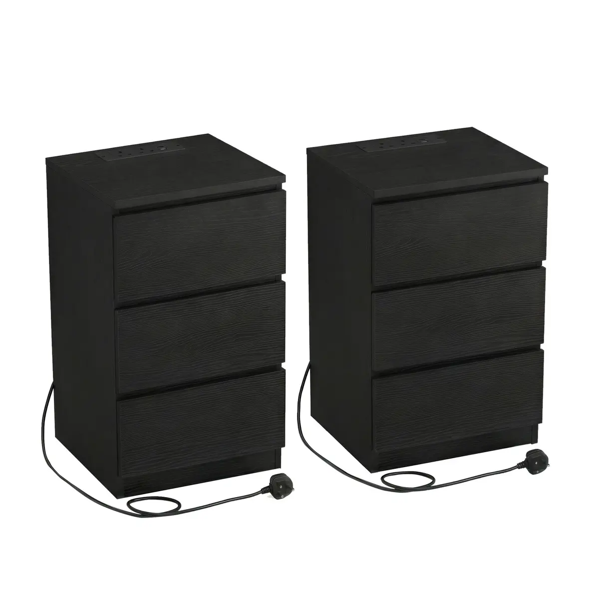 Set of 2 Side End Tables, Modern Bedside Table with 3 Drawers and Charging Station, Black