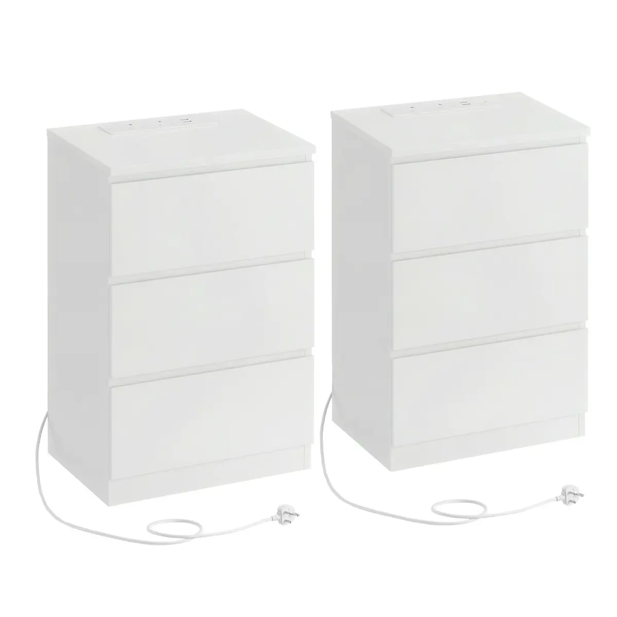 Set of 2 Side End Tables, Modern Bedside Table with 3 Drawers and Charging Station, White