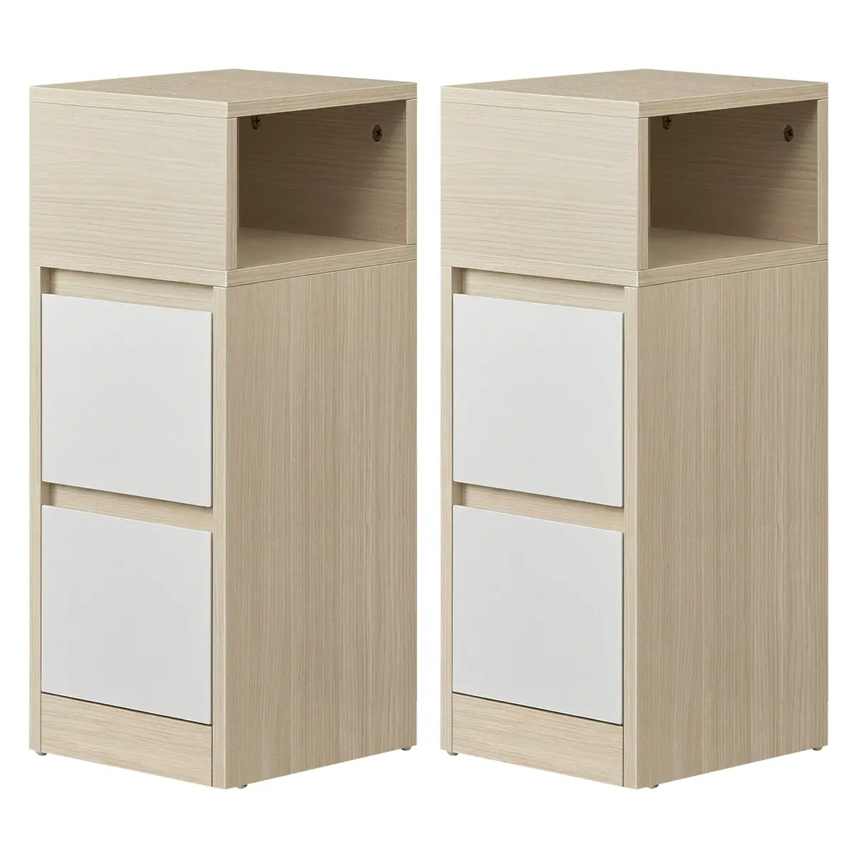 Set of 2 Narrow Side Tables, Slim End Table with 2 Drawers, 1 Open
Compartment, for Living Room, Bedroom, Beige