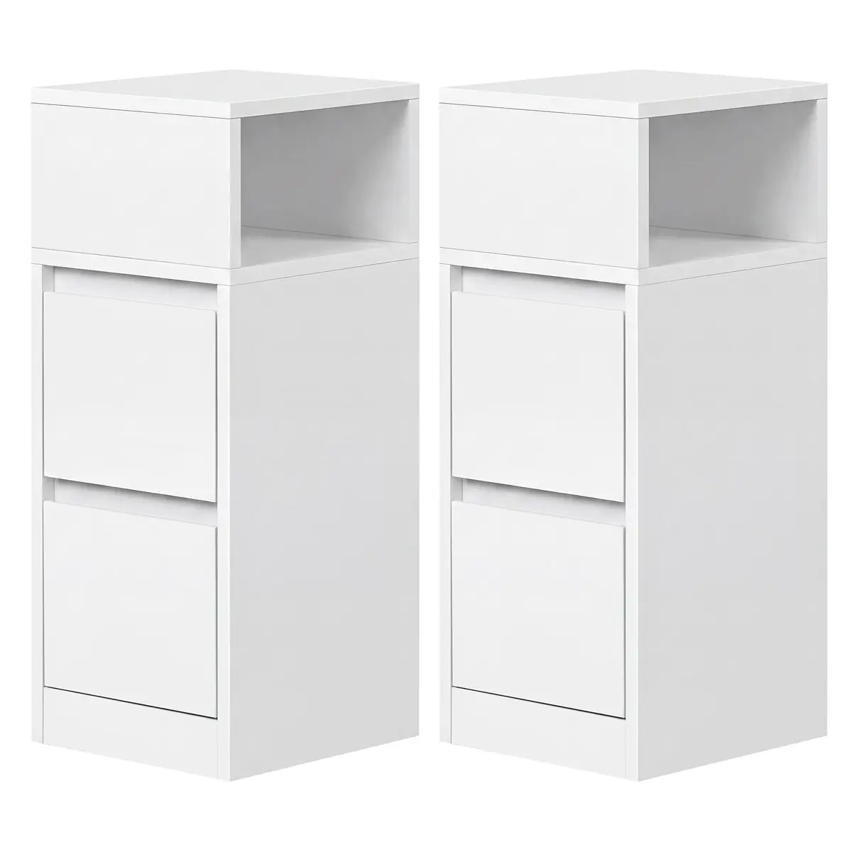 Set of 2 Narrow Side Tables, Slim End Table with 2 Drawers, 1 Open
Compartment, for Living Room, Bedroom, White
