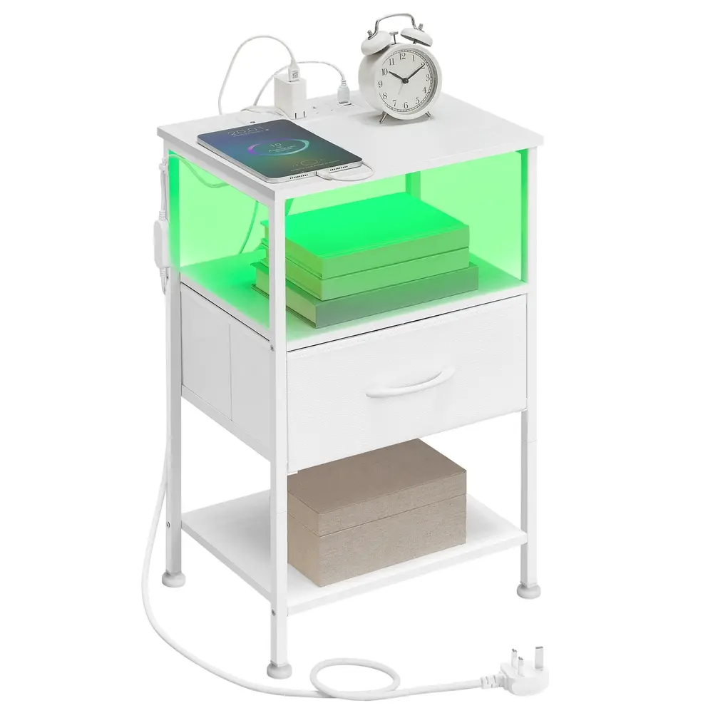 Bedroom Bedside Table with LED Lights and Charging Station, Nightstand with 1 Drawer and 2 Shelves