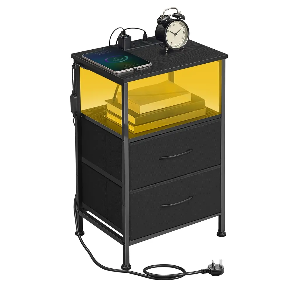 Bedroom Bedside Table with LED Lights and Charging Station, Nightstand with 2 Drawers and 1 Shelf