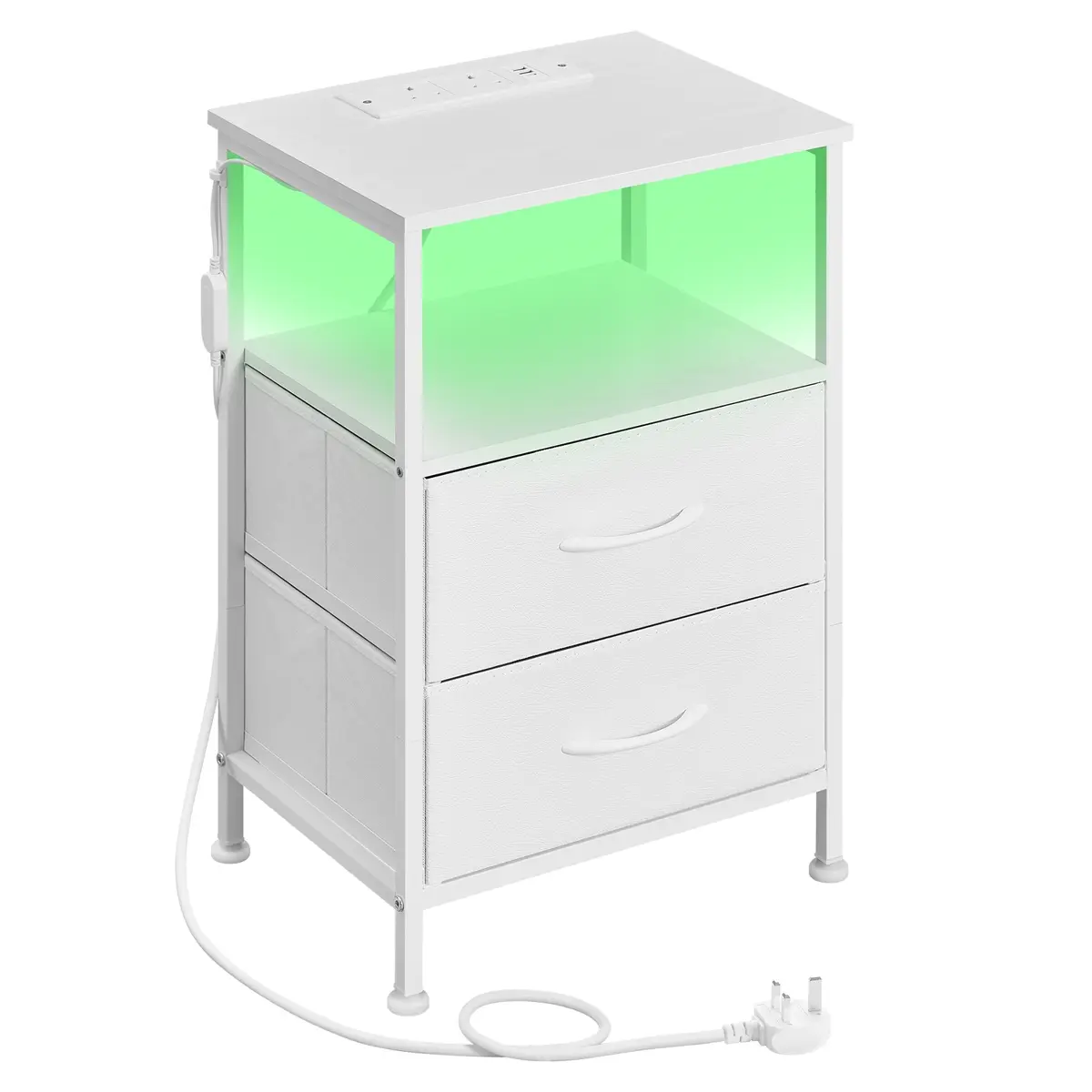 Bedroom Bedside Table with LED Lights and Charging Station, Nightstand with 2 Drawers and 1 Shelf
