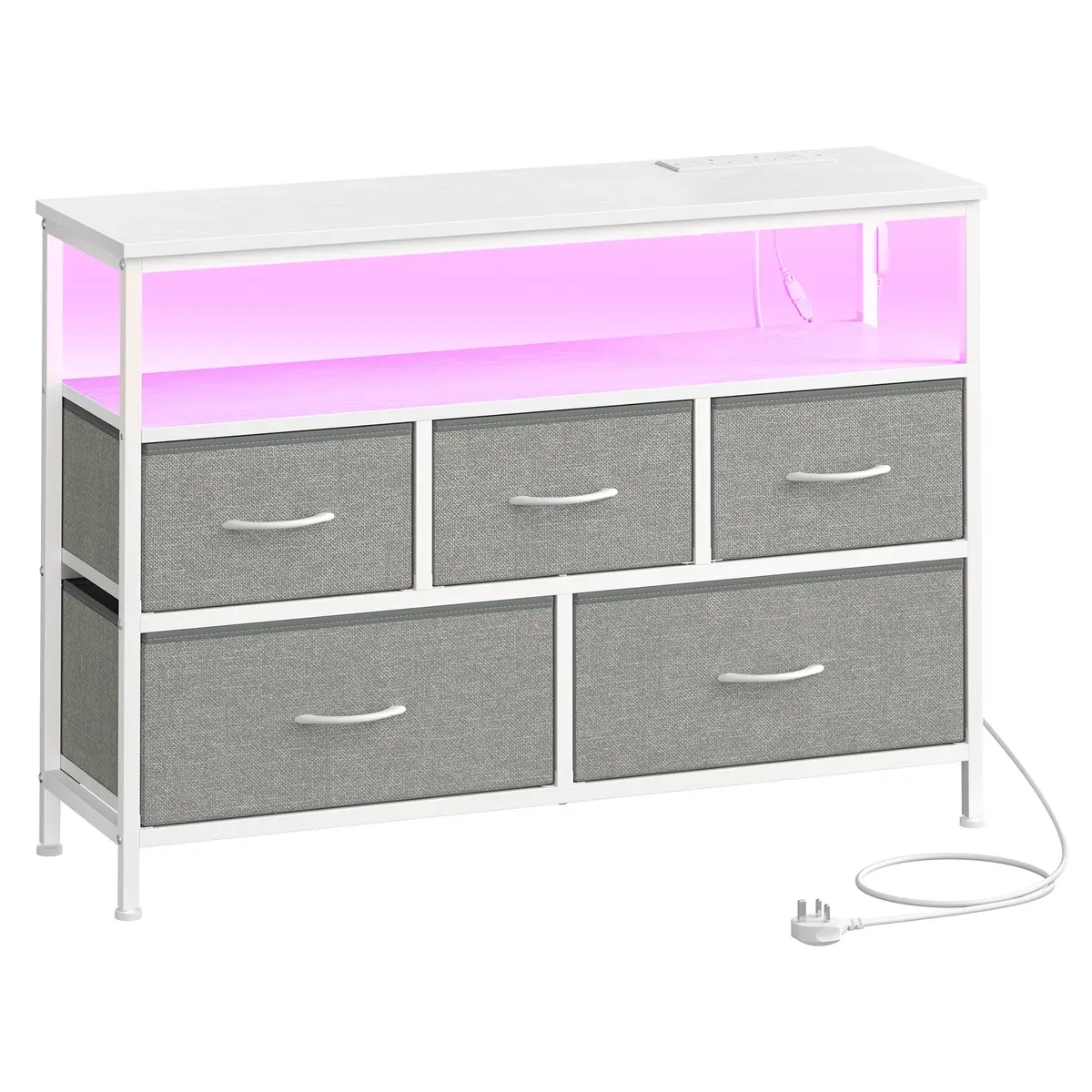 Dresser with LED Lights, 5 Drawers and Charging Station