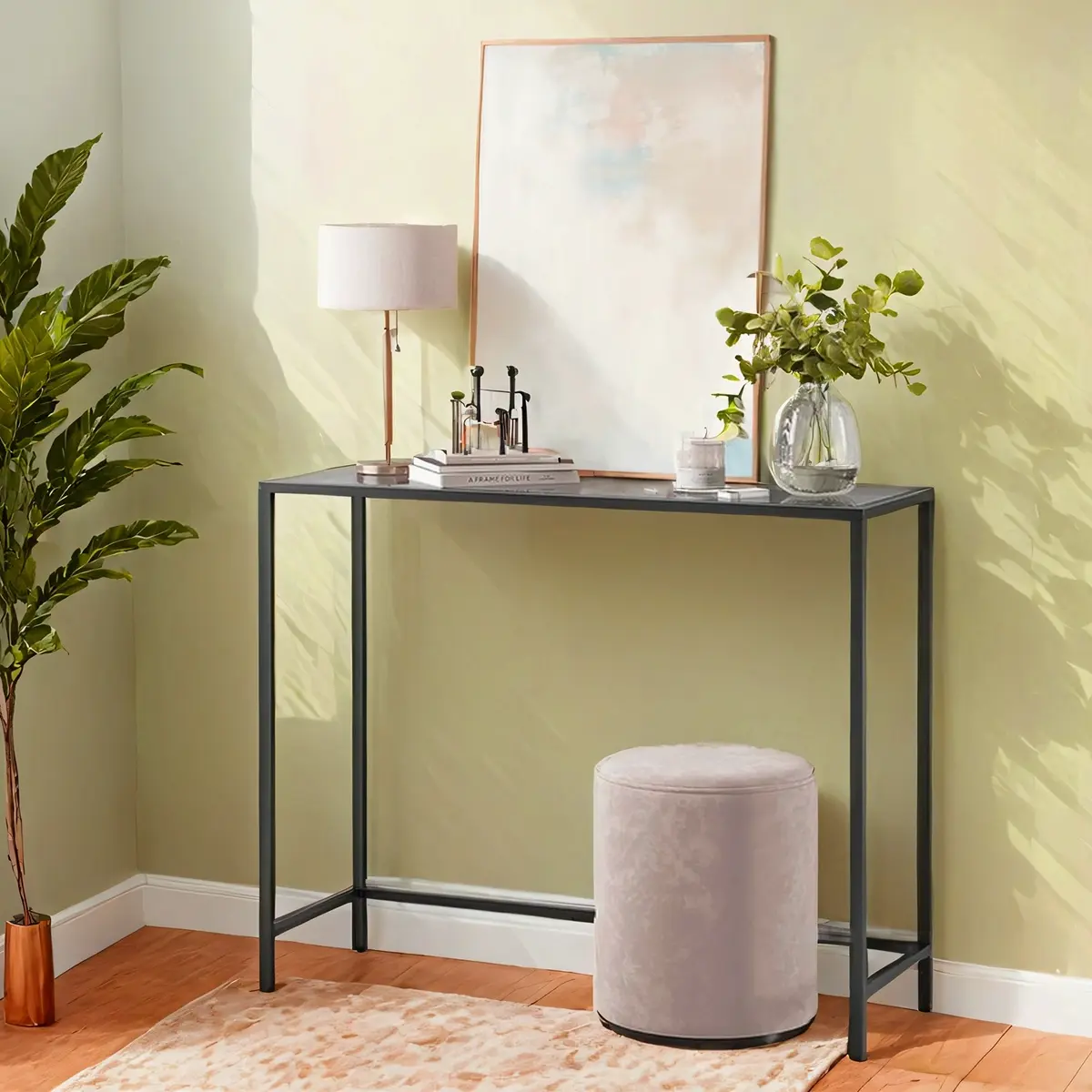 Modern Entryway Table, Console Table with Tempered Glass Tabletop, Sofa Table, Black