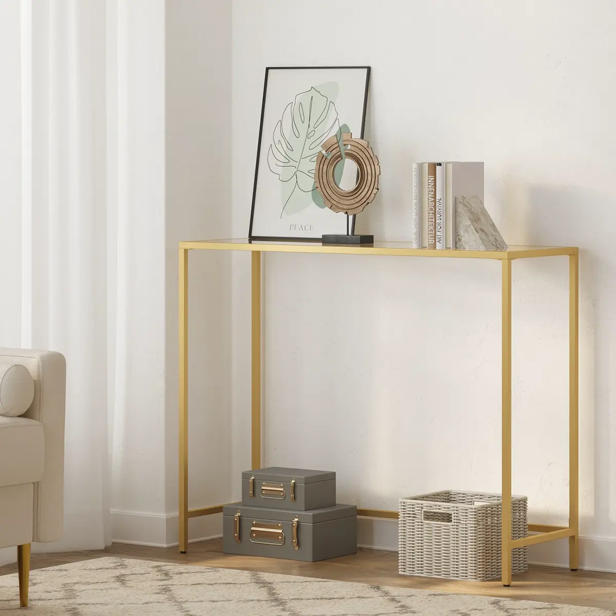 Modern Entryway Table, Console Table with Tempered Glass Tabletop, Sofa Table, Gold