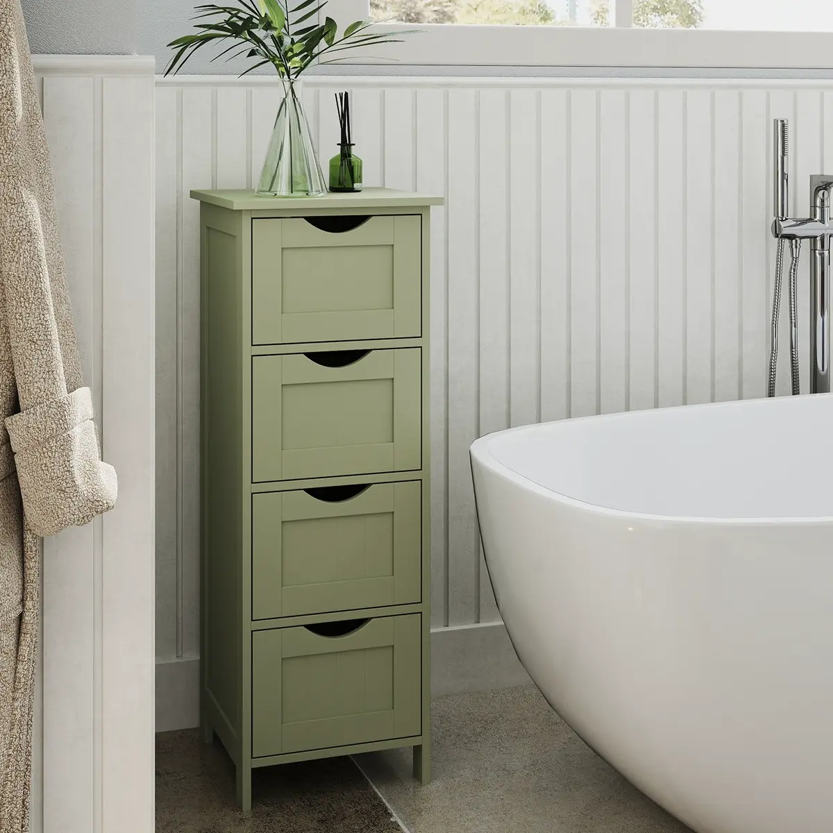 Freestanding Storage Cabinet for Bathroom, with Drawers, Modern Bathroom Storage Organiser Unit, Green