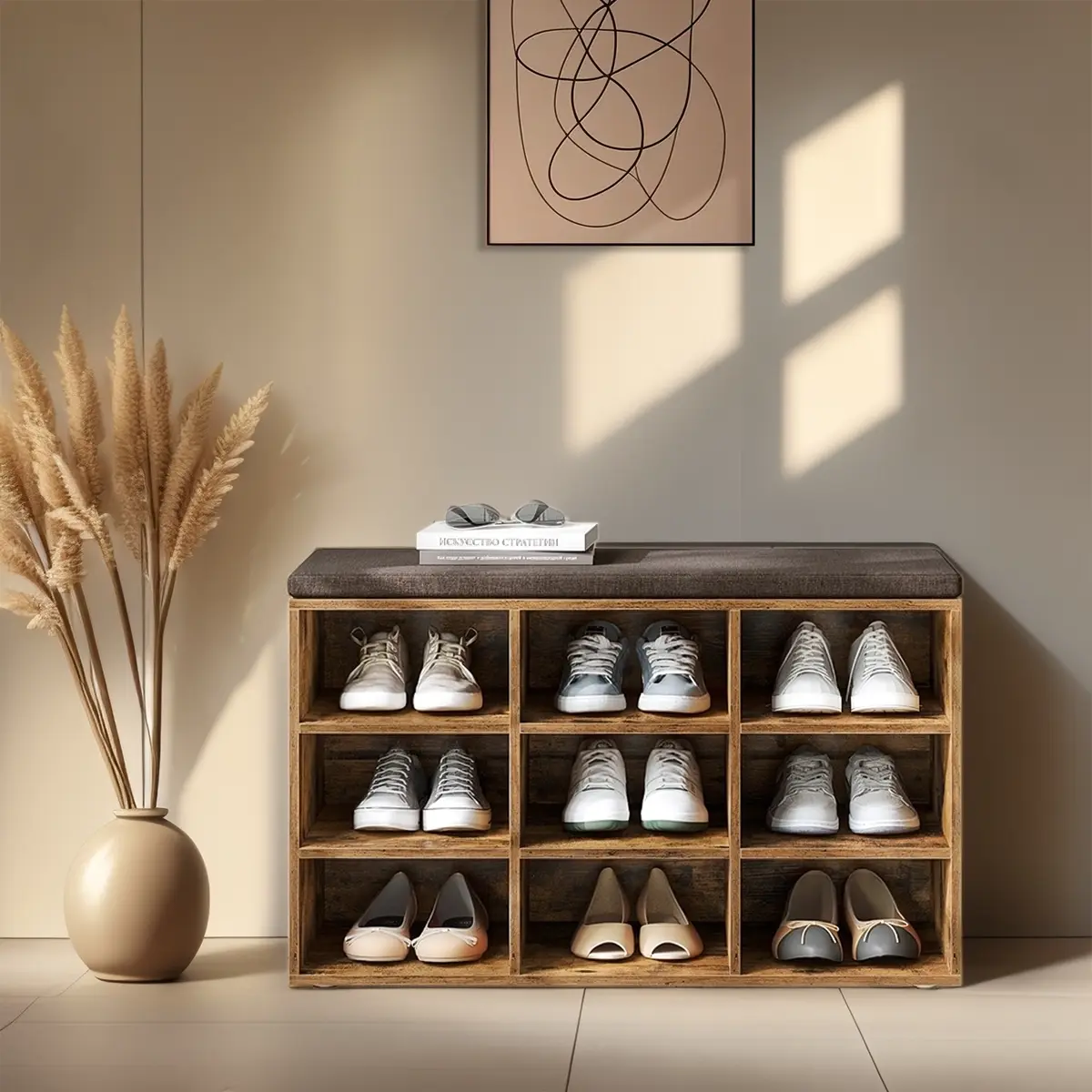 Shoe Bench, Storage Bench with Padded Seat, 9 Compartments