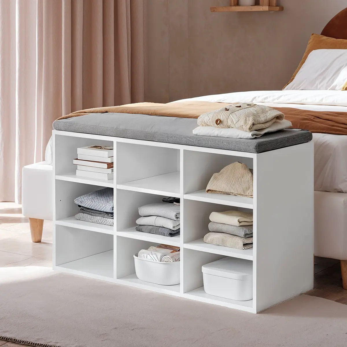 Shoe Bench, Storage Bench with Padded Seat, 9 Compartments