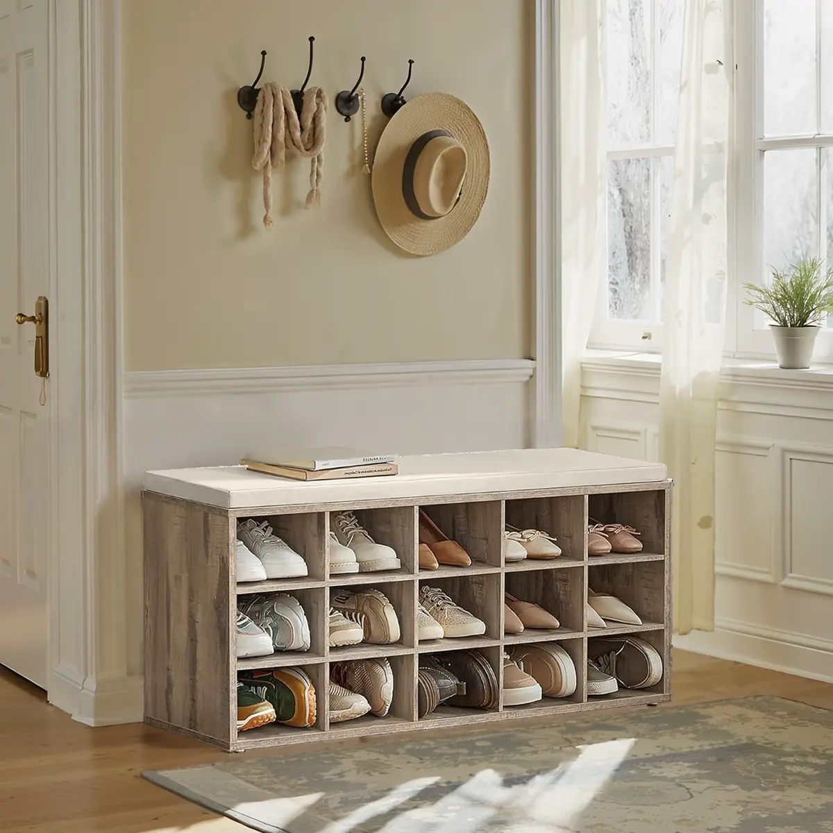 Shoe Bench, Storage Bench with Padded Seat, 15 Compartments