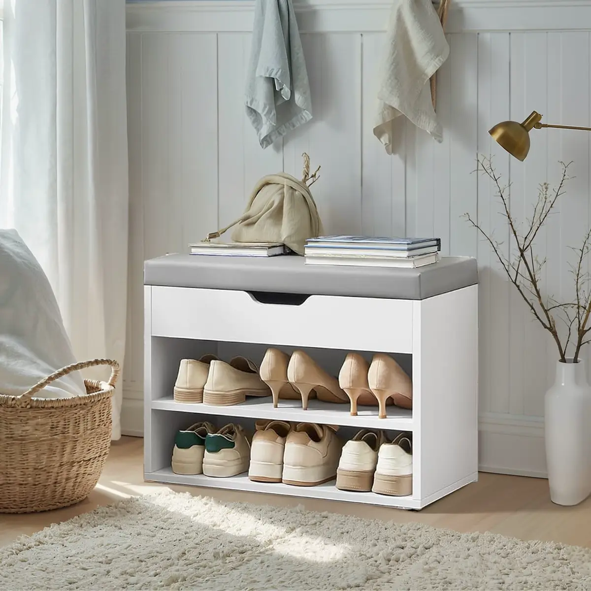 Shoe Storage Bench with Cushion, Entryway Bench with 3 Storage Compartments, Cloud White