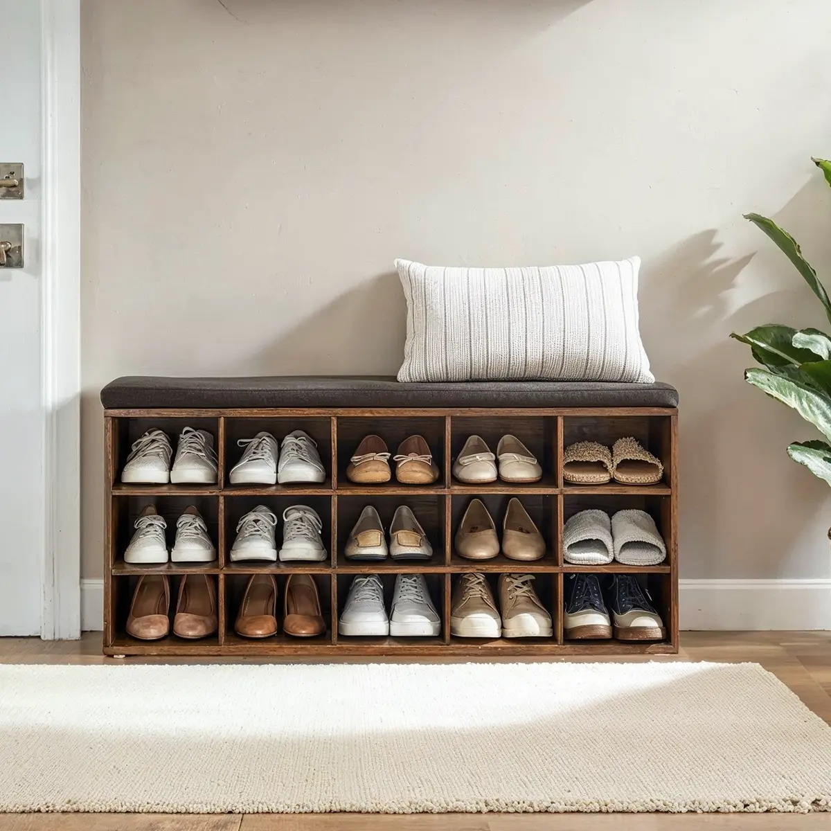 Entryway Storage Bench with 15 Compartments, Upholstered Shoe Organiser for Bedroom, Brown