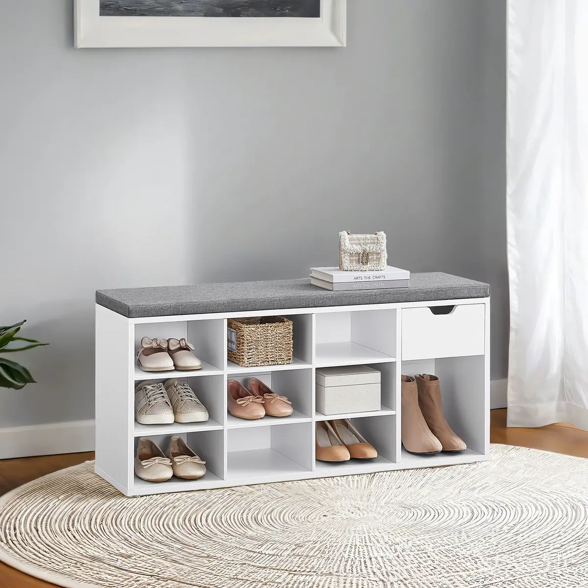 Entryway Storage Bench with Cushion, Drawer and Open Compartments, White and Gray