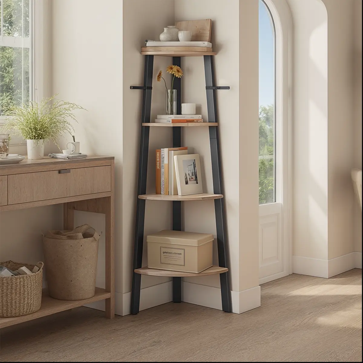 Corner Shelf, 4-Tier Corner Bookshelf, Storage Shelving Unit with Steel Frame