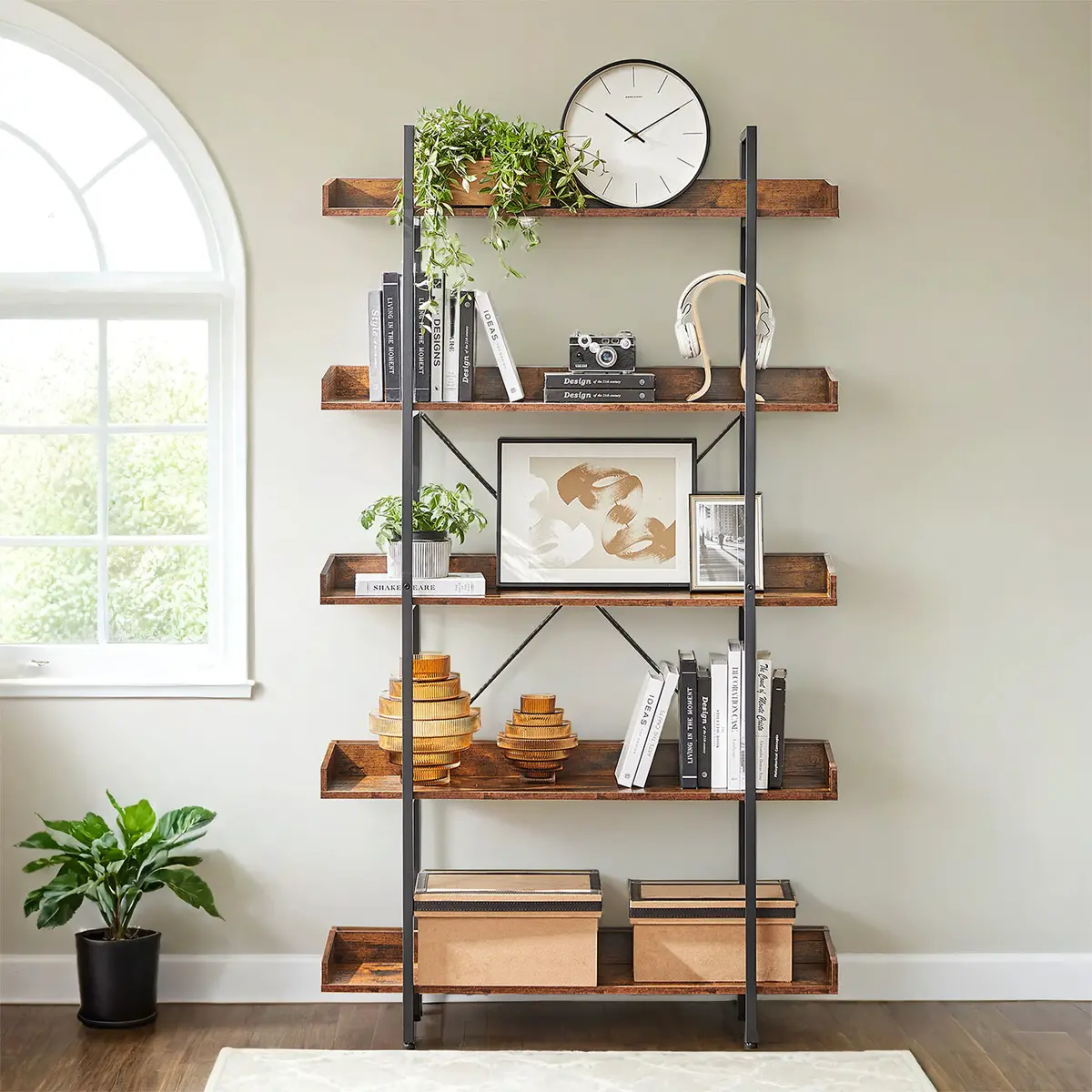 5-Tier Bookcase, Storage Rack, Book Shelf, for Study, Living Room, Bedroom, Brown and Black