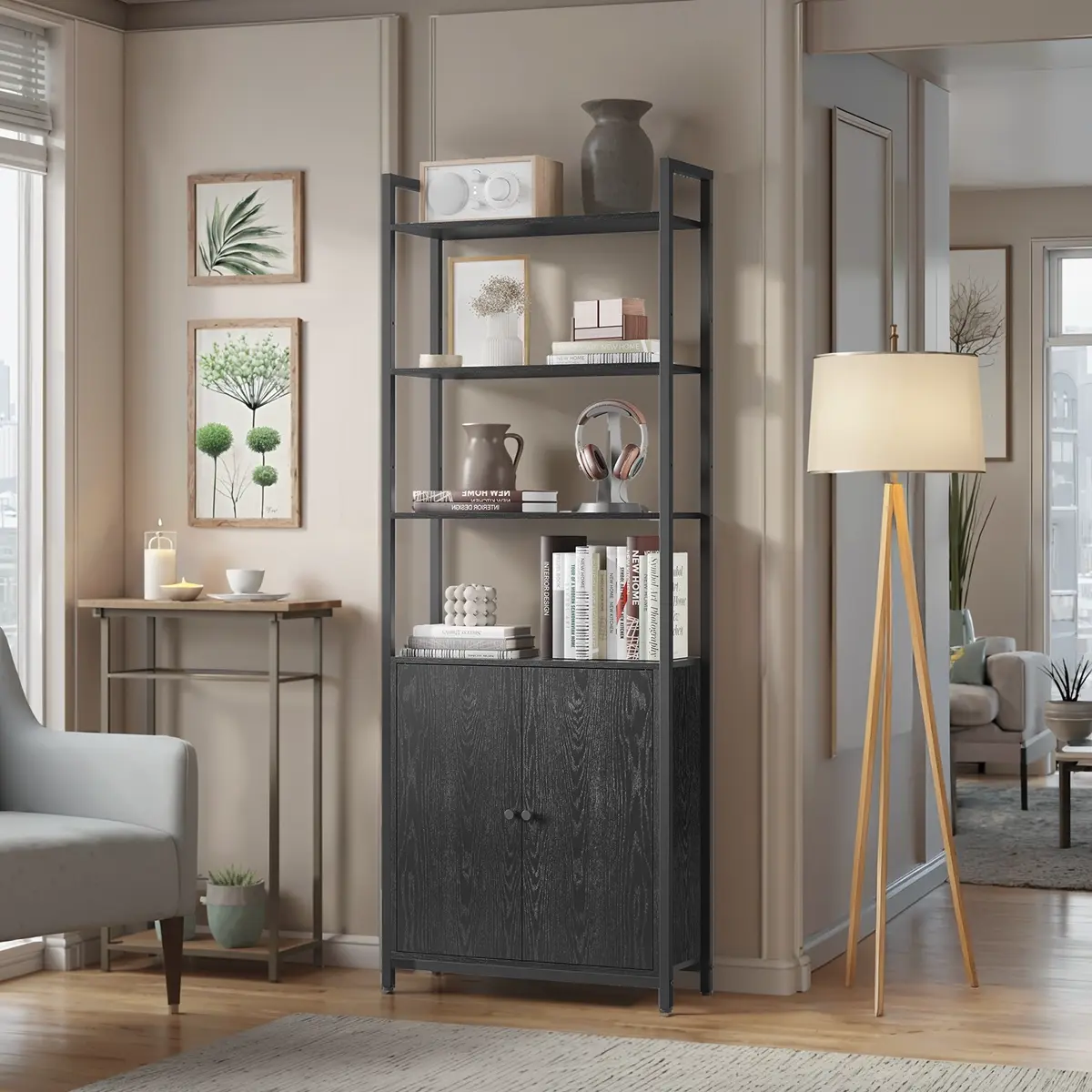 Tall Bookshelf with Door, 6-Tier Bookcase, Metal Frame