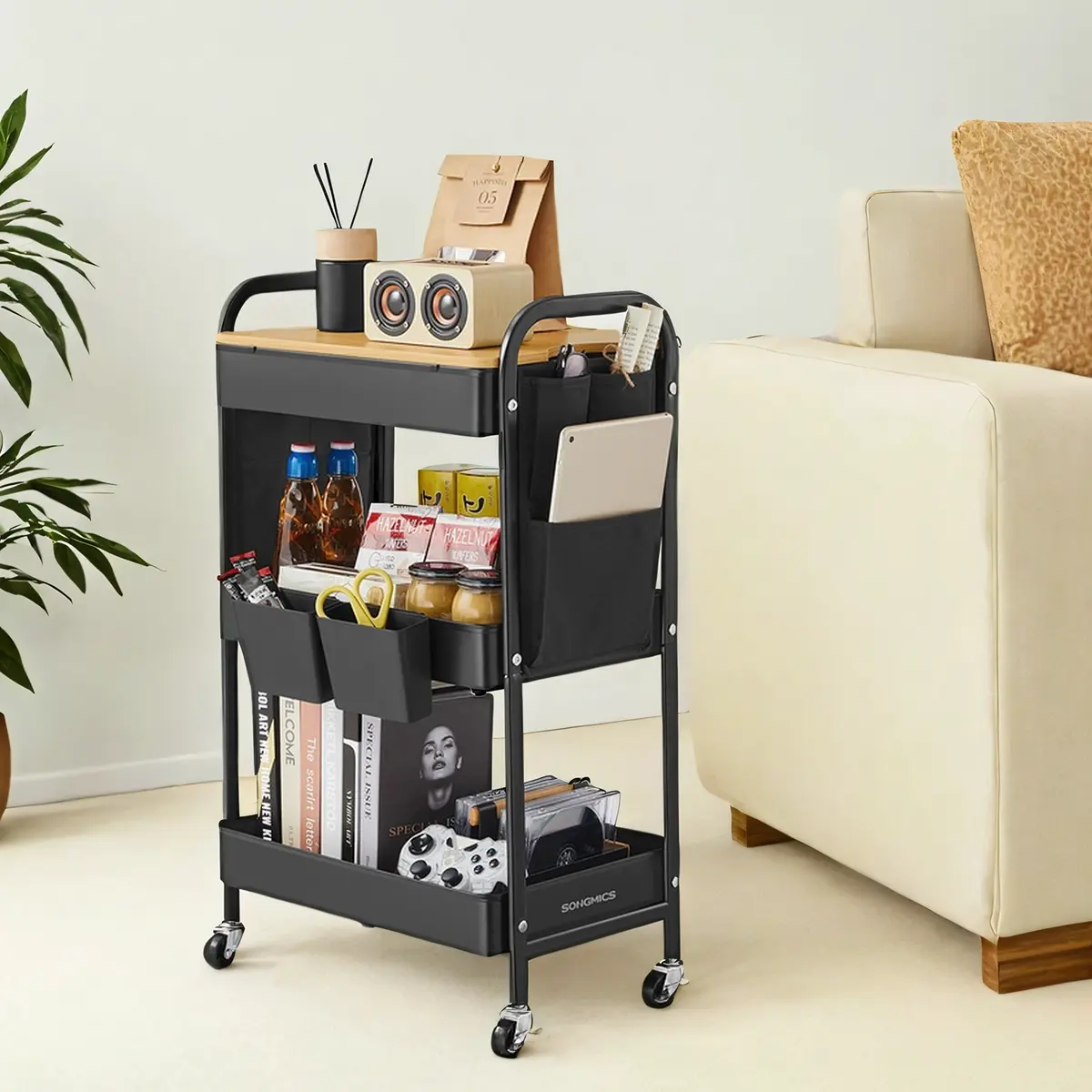 3-Tier Storage Trolley, Rolling Utility Cart with Table Top, 2 Removable Hanging Cups