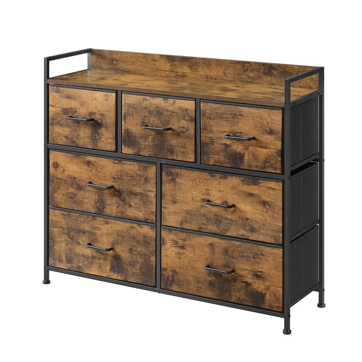 Dresser Cabinet with 7 Fabric Drawers, Metal Frame, Storage Organizer for Bedroom, Rustic Brown and Black