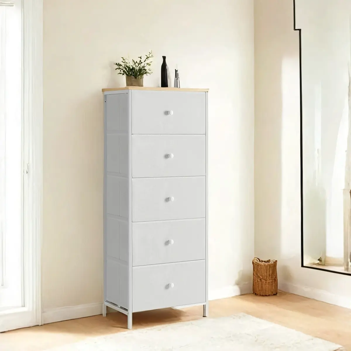 Chest of Drawers, Storage Cabinet with 5 Fabric Drawers, White