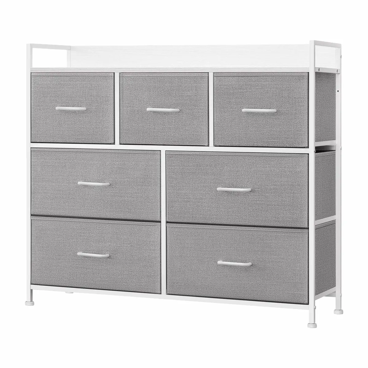 Dresser Cabinet with 7 Fabric Drawers, Metal Frame, Storage Organizer for Bedroom, Grey and White
