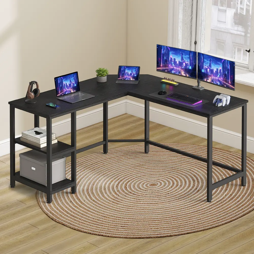 L-Shaped Corner Computer Desk, Gaming Desk with Storage Shelves, Ebony Black