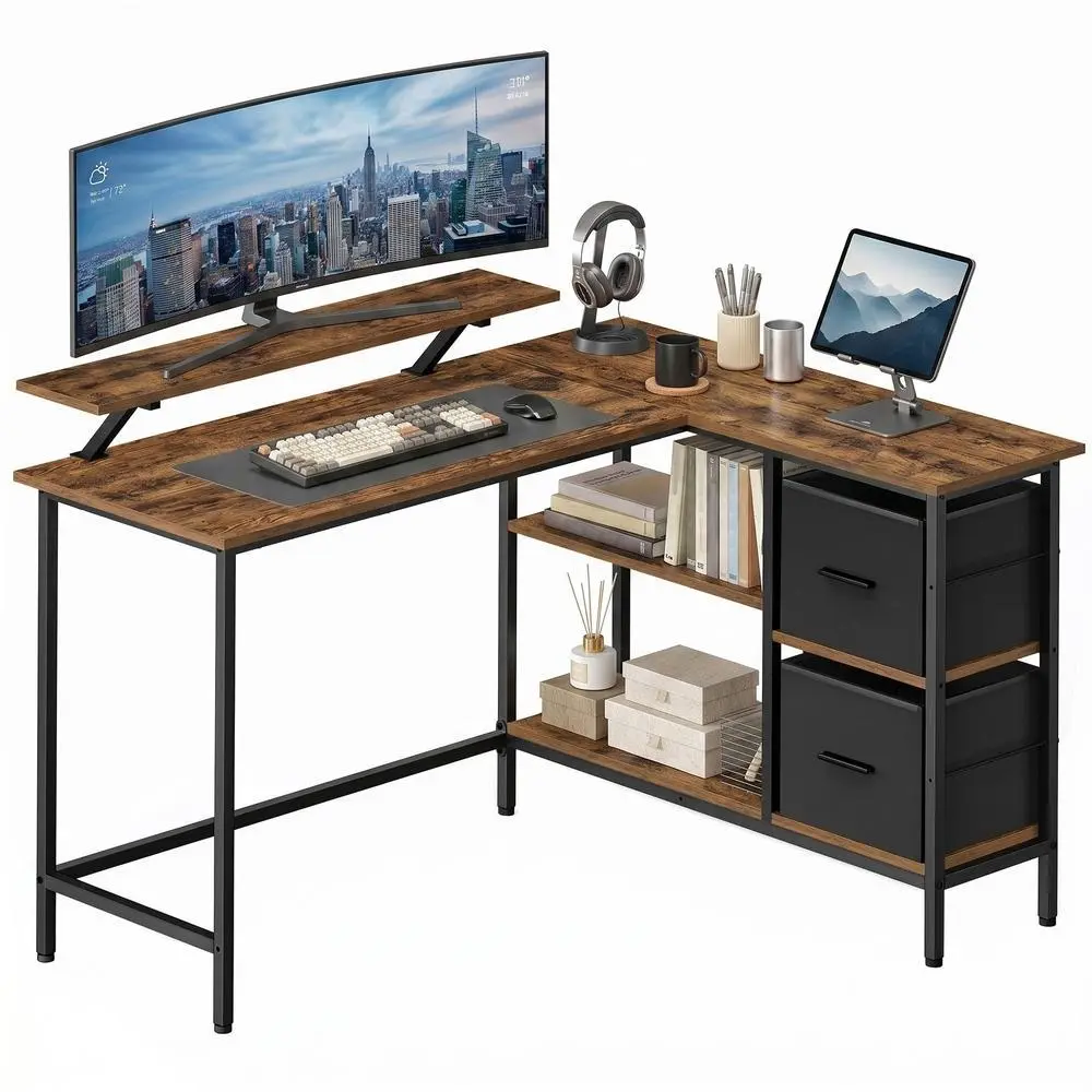Corner Computer Desk with Monitor Stand, 135 cm Wide, Adjustable Shelf, 2 Drawers, for Home Office, Brown