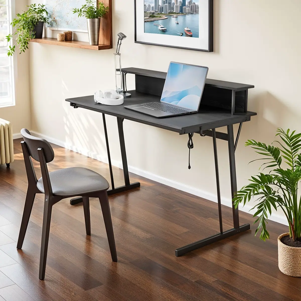 Computer Desk with LED Lights, Built-In Power Outlets, Monitor Shelf