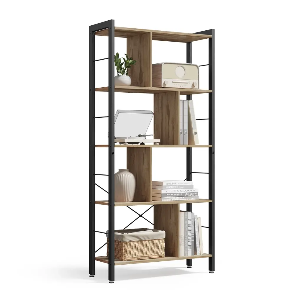 5-Tier Standing Bookshelf Camel Brown and Ink Black