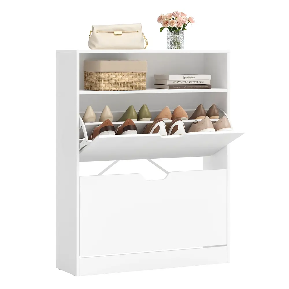3-Tier Shoe Cabinet with 2 Flip Doors Cloud White