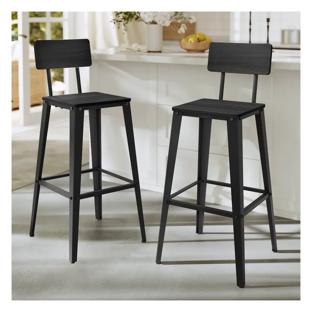 Bar Stool Set of 2 with Backrest Steel Frame Ash Black and Ink Black