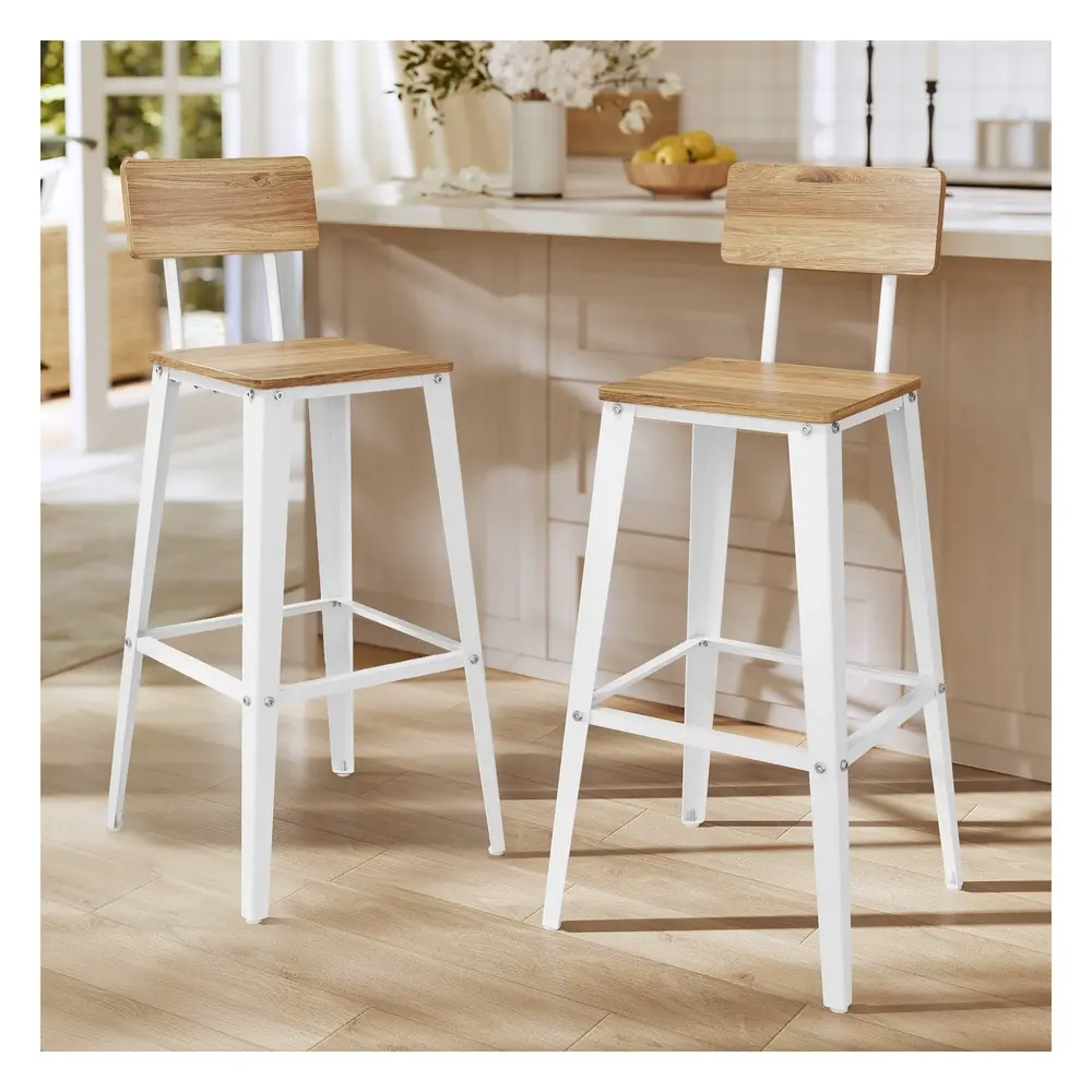 Bar Stool Set of 2 with Backrest Easy Assembly Wheat Brown and Cloud White