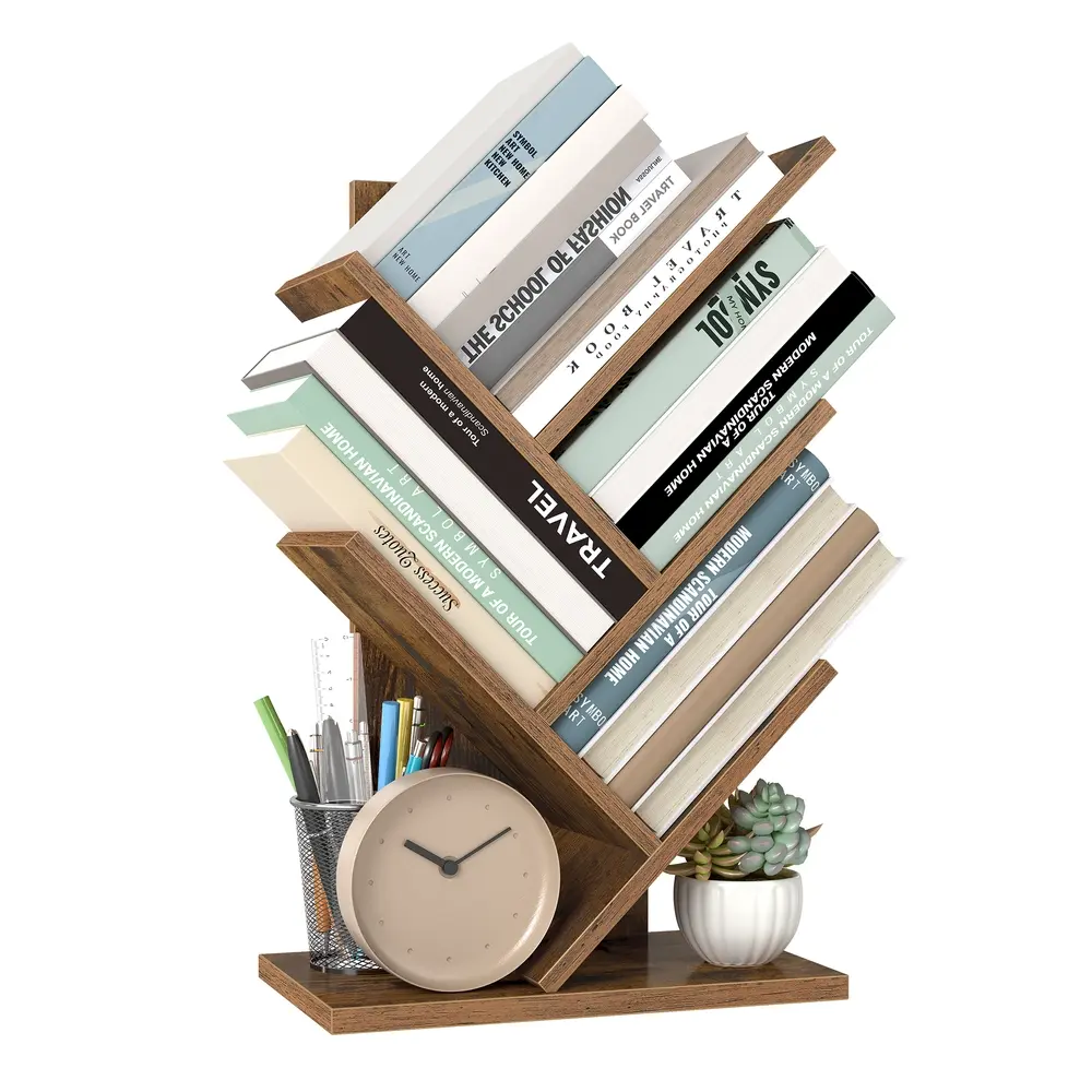 5-Tier Tree Bookshelf with Wooden Shelves Rustic Brown
