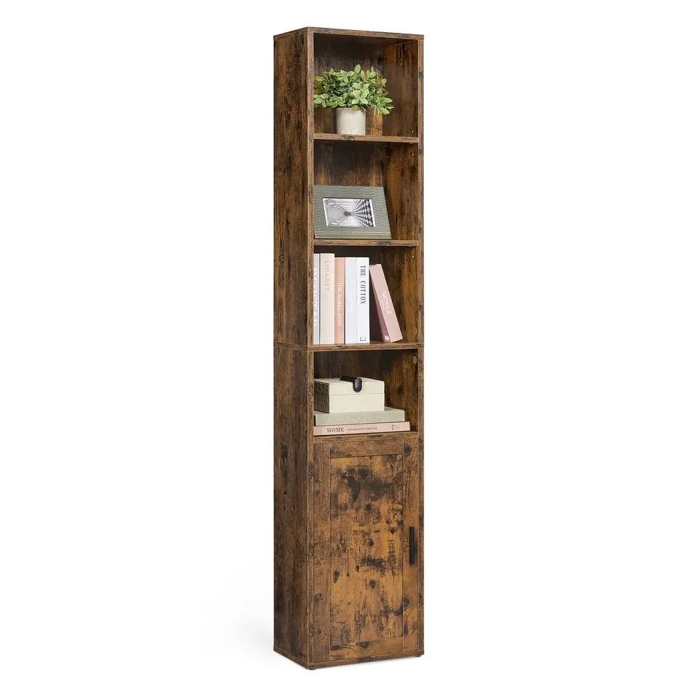 Tall Wooden Bookcase with Door Rustic Brown