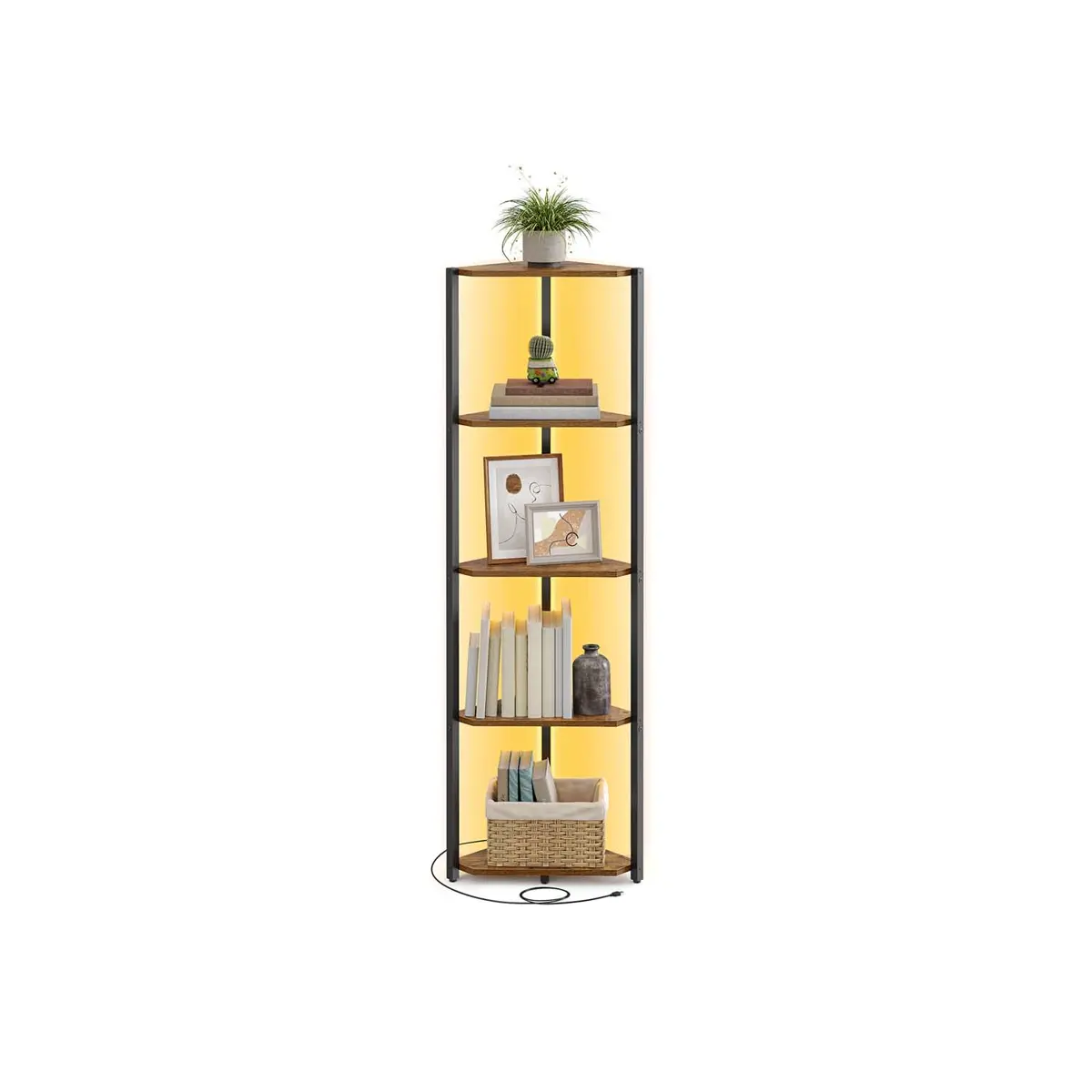5-Tier Corner Shelf with Adjustable LED Lights Rustic Brown