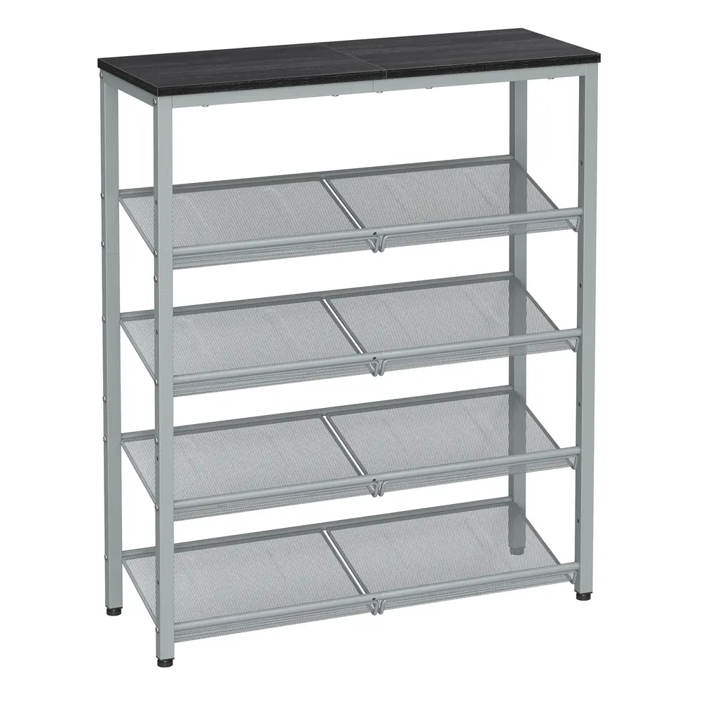 Industrial 5-Tier Steel Shoe Rack with Mesh Shelves, Wide Top Storage for Entryway/Hallway, Space-Saving Design in Charcoal Grey and Metallic Silver