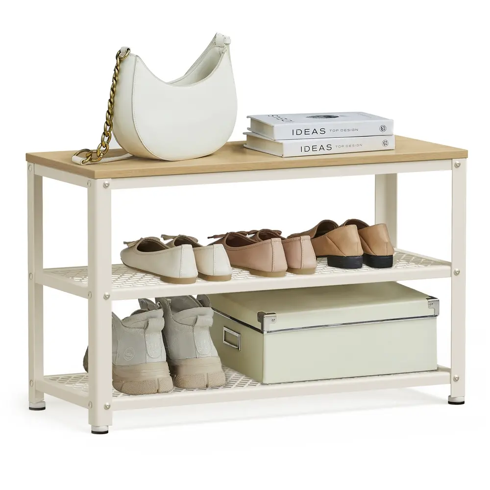 Shoe Bench with 2 Shelves, Oak Beige and White