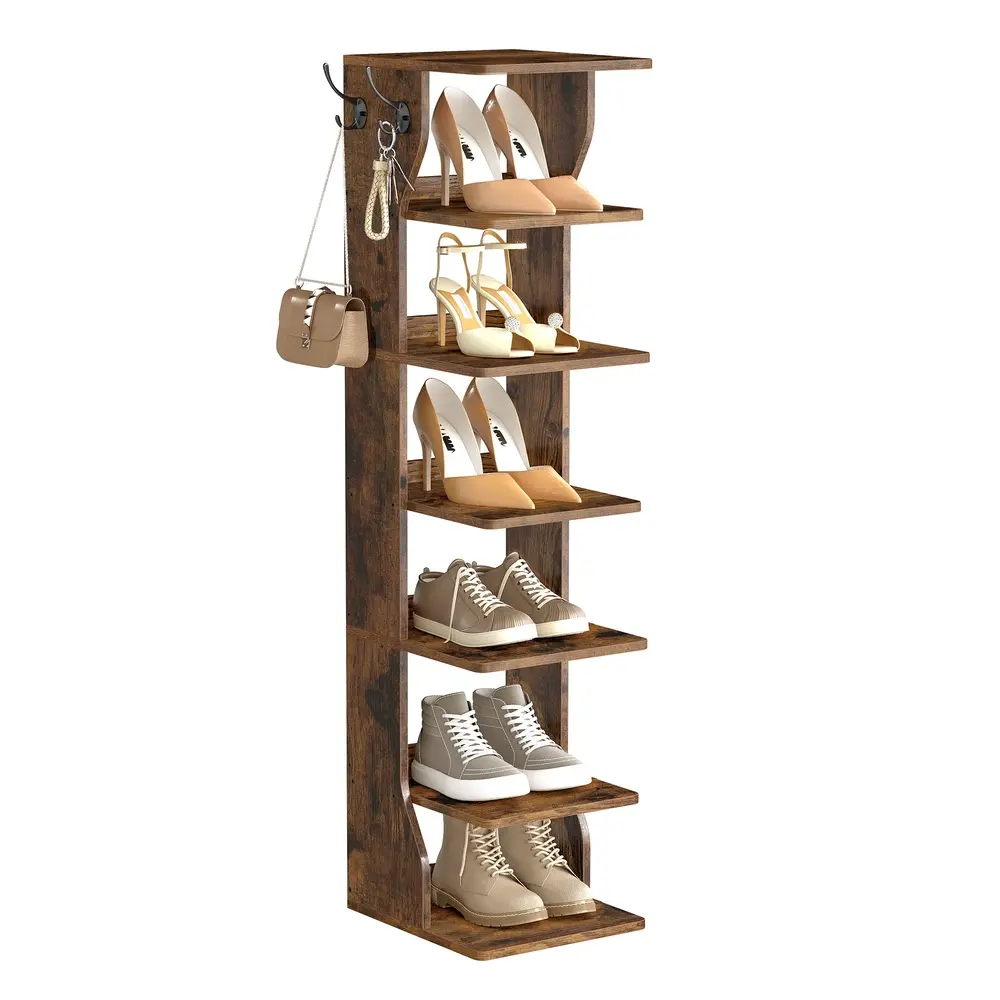 Slim Shoe Rack 7-Tier Shoe Stand for Small Spaces Rustic Brown