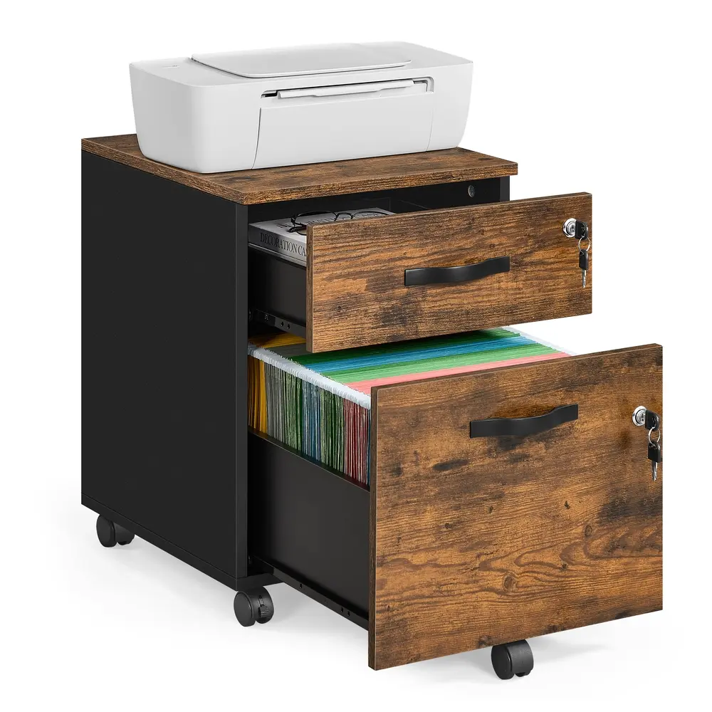 Rolling Filing Cabinet Lockable with 2 Drawers Rustic Brown and Ink Black