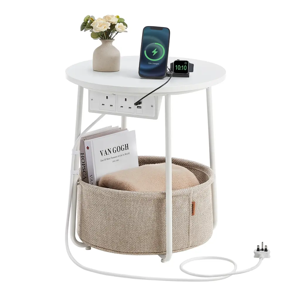 Side Table with Power Outlets Matte White and Camel Brown