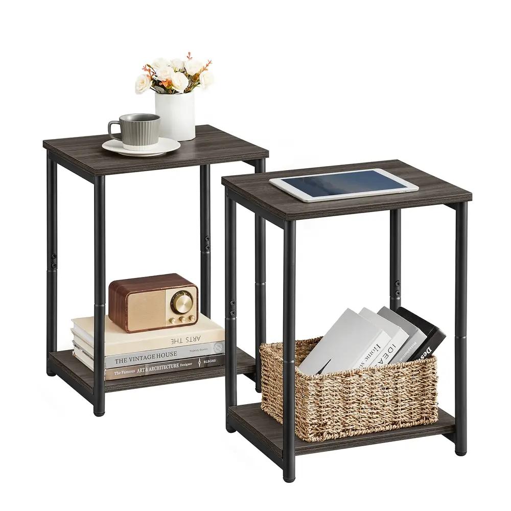 Set of 2 2-Tier Side Tables, Brown and Black