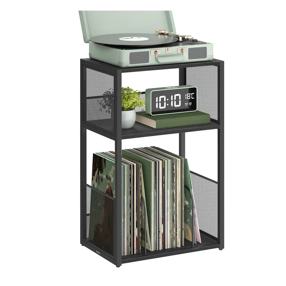 Record Player Stand, 3-Tier Side Table, Ebony Black