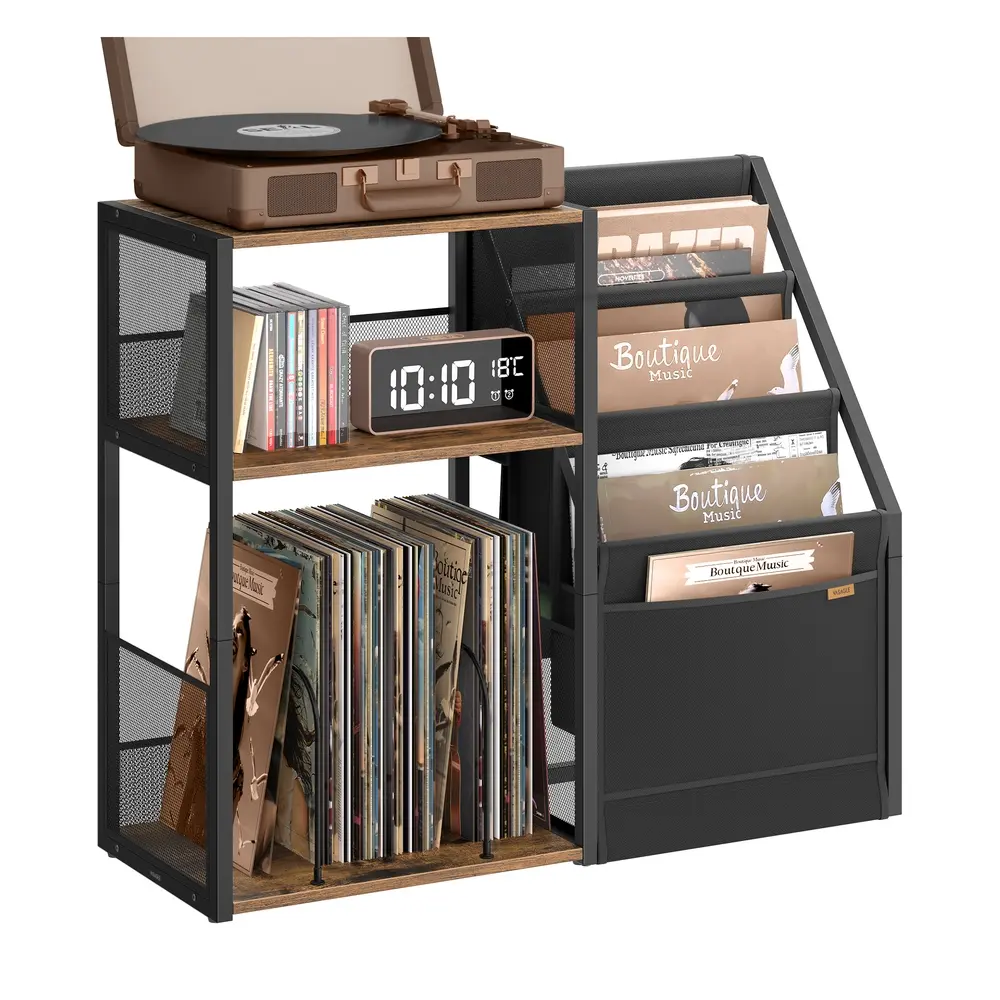 Record player stand with vinyl storage and three tier side table