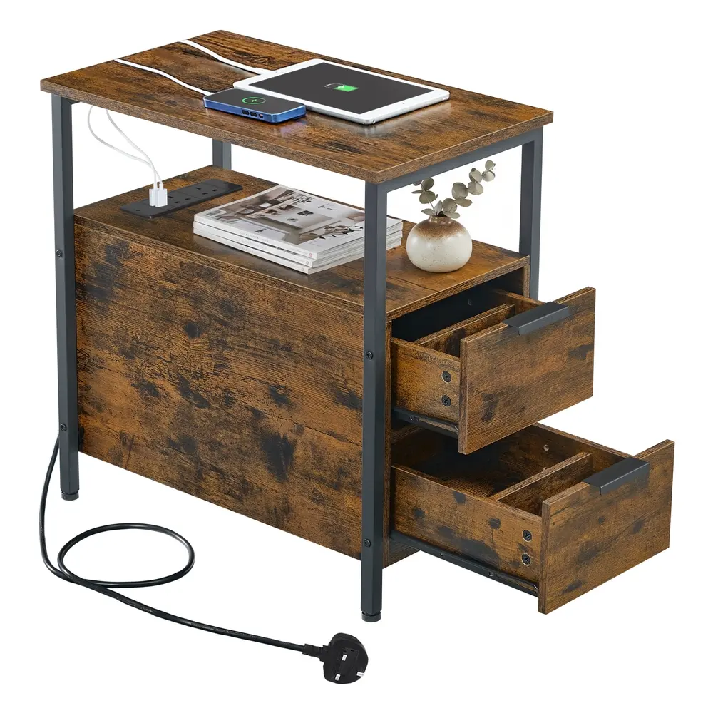 Slim Side Table with Charging Station Rustic Brown and Classic Black