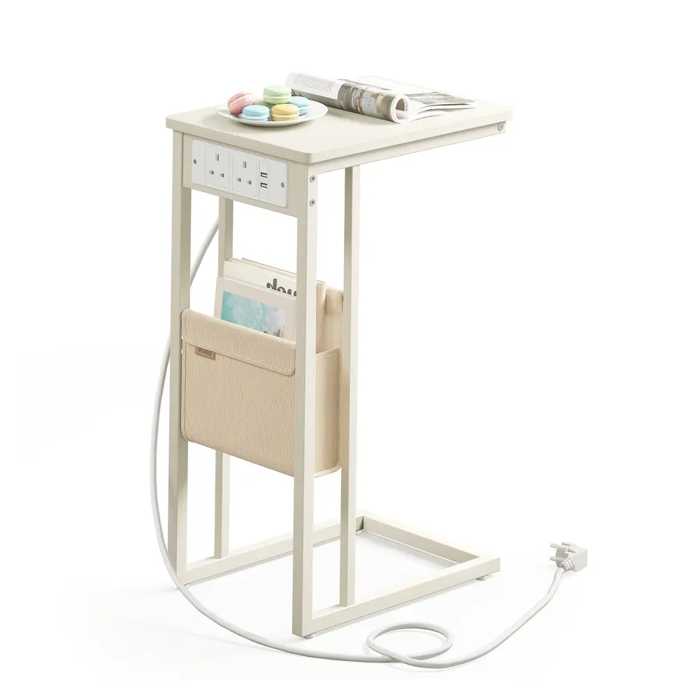 C-Shaped Bedside Table with Charging Station Cream White