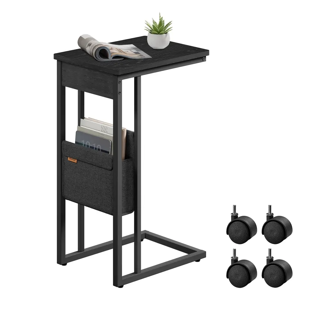 C-Shaped Bedside Table with Fabric Storage Bag Ebony Black