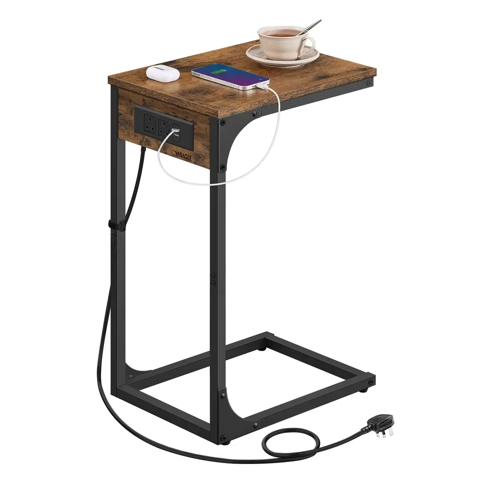 C-Shaped Side Table with Charging Station Rustic Brown