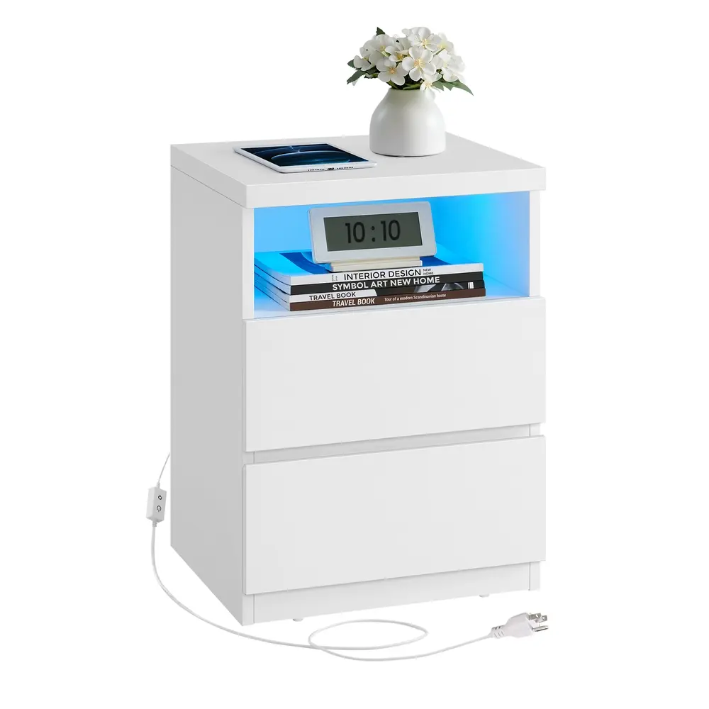 Nightstand with Adjustable LED Light, Bedside Table with Drawers